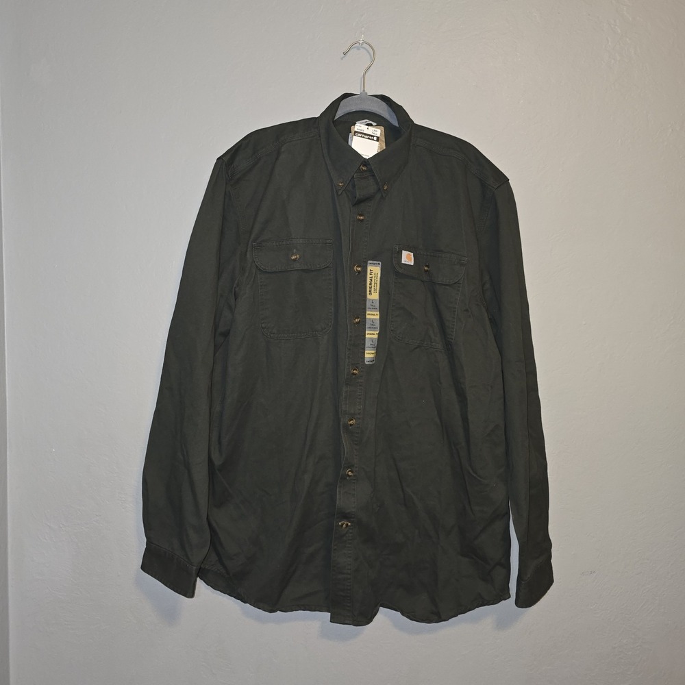 NWT CARHARTT Green Long Sleeve Button Up Work Shirt Durable Outdoor Sz L Tall